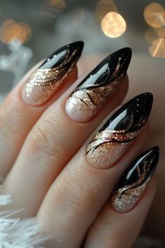 Nail Art Designs New Years, Nail Video Ideas, Black Gel Nails Ideas, Sns Nail Art, Nail Art Noir, Elegant Touch Nails, Punk Nails