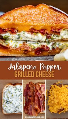 one image shows 2 halves of a jalapeño popper grilled cheese stacked on top of each other. Under that is three images of bread with cream cheese, then bacon is added, and finally shredded cheese is added as well. Cheap Meals For Two Budget, Lunch Ideas For Blue Collar Men, Lunch Special Ideas Restaurant, Fun Cooking Recipes, Food Truck Food Ideas, Easy Gourmet Dinners, Simple Summer Recipes, Fresh Food Recipes, Cheap Healthy Recipes