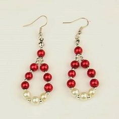 Handcrafted Red White Silver Beads Teardrop Dangle Earrings Made With 6mm Wide Glass Pearl Beads And Tiny Silver Plated Spacers Teardrop Shaped Earrings Silver Rhodium Plated Brass Earring Hooks Measures About 70mm Long Overall Teardrop Dangle Earrings, Handcrafted Artisan Jewelry, Holiday Earring, Round Stud Earrings, Pearl Earrings Dangle, Beaded Dangle Earrings, Christmas Earrings, Earring Hooks, Christmas Jewelry