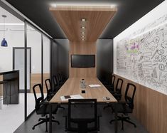 an empty conference room with wooden walls and black chairs in front of a large drawing on the wall