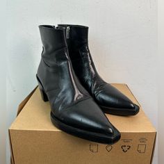 Item Is Preowned And Has Visible Signs Of Wear (Leather Stains, Leather Scratches, Heel Drag, No Box) Edgy Leather Boots With Pointed Toe, Leather Moto Boots With Pointed Toe, Edgy Leather Chelsea Boots With Pointed Toe, Modern Leather Moto Boots With Pointed Toe, Edgy Leather Boots With Almond Toe, Black Leather Ankle Boots, Cowboy Western, The Kooples, Western Cowboy Boots