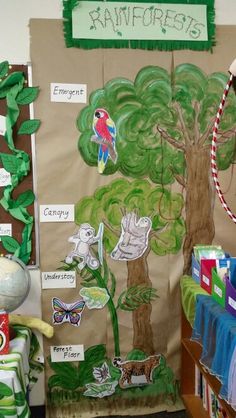 a bulletin board with animals and trees on it