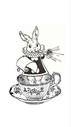 a drawing of a rabbit in a teacup