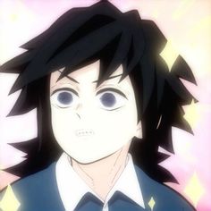 an anime character with black hair and blue eyes