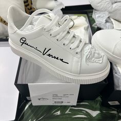 Brand New Versace Sneakers Designer Sneakers With Embossed Logo, Luxury High-top Sneakers With Embroidered Logo, Designer White Custom Sneakers With Embossed Logo, Designer Custom Lace-up Sneakers With Logo Print, Designer Custom Logo Print Lace-up Sneakers, Luxury White Custom Sneakers With Logo Print, Luxury Custom White Sneakers With Logo Print, Luxury White Sneakers With Embroidered Logo, Luxury Custom Sneakers With Embroidered Logo And Round Toe