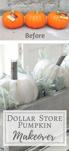 three pumpkins sitting in a wooden box with the words dollar store pumpkin makeover