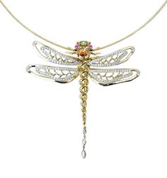 Dragonfly  Platinum and Yellow Gold, Diamond, Peridot, Pink Sapphire, Orange Sapphire Brooch by Diana Vincent Exquisite Jewel Pendant Brooches, Exquisite Jeweled Pendant Brooches, Exquisite Pendant Brooches With Jewels, Unique Gemstone Pendant Brooch, Unique Diamond Brooch Jewelry, Unique Diamond Brooch, Unique Pendant Necklace With Brooch Detail, Fluid Jewelry, Hand Carved Stone