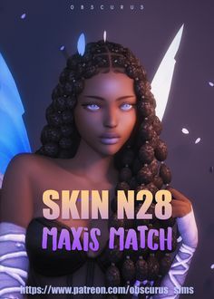 a woman with long hair and blue eyes is wearing a black bra top, while the words skin n 28 maxs match are above her chest