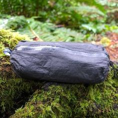 a black bag sitting on top of a moss covered tree