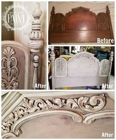 the before and after pictures of an old bed frame with wood carvings on it, then painted white