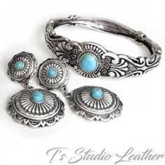 Bracelets - Western Silver Turquoise Bracelet & Earrings Set Chic Chandelier, Boho Cuff Bracelet, Silver Turquoise Earrings, Boho Cuff, Feather Dream Catcher, Cowgirl Jewelry, Turquoise Accents, Boho Chic Jewelry, Turquoise Bracelet Cuff