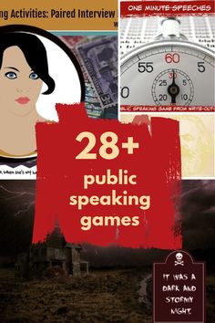 the cover of 28 public speaking games, with an image of a woman and clock