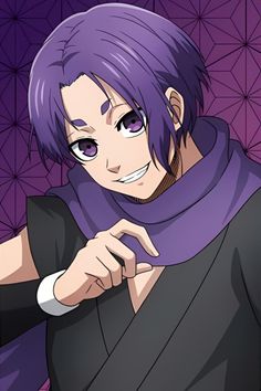 an anime character with purple hair wearing a scarf