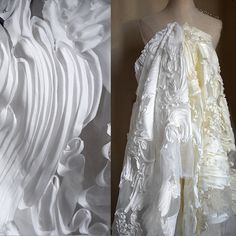 two pictures of white dresses on mannequins, one with ruffles