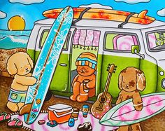 a painting of two dogs with surfboards and a van