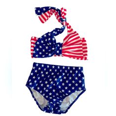 American Patriotic Toddler Two Piece Bikini Size 120 Red White Blue Nwt Retro Red Triangle Top Swimwear, Patriotic Blue Swimwear For Vacation, Red Swimwear For 4th Of July Pool Party, Patriotic Red Swimwear For The Beach, Patriotic Blue Swimwear For Summer, Patriotic Blue Swimwear For Beach Season, Patriotic Red Swimwear With American Flag Print, Red Patriotic Swimwear With American Flag Print, Patriotic Blue Swimwear For 4th Of July