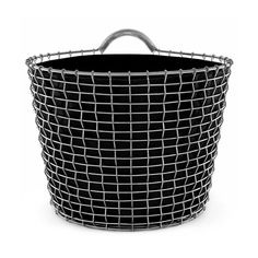 a black wire basket on a white background with clippings to the side and bottom