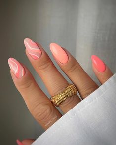 Powder Dip Nails Almond Shape, Four Color Nail Design, Fun Summer Nails Design 2023, Almond Shape Gel Nail Designs, Coral Color Nails Summer, Structured Nail Manicure, Summer Acyrilics Nails, Cute Nails For Hawaii, Gel Nails Bright Colors