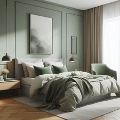 a bedroom with green walls and white bedding