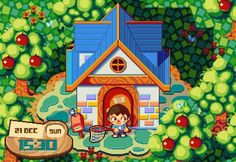 an image of a cartoon house surrounded by trees and apples in the foreground is a sign that says,