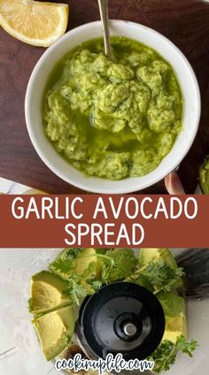 two pictures side by side with the words garlic avocado spread