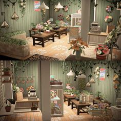 two pictures of the inside of a dollhouse with furniture and flowers on display in it