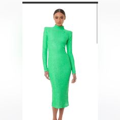 New With Tags. Green Fitted High-neck Dress, Green Fitted High Neck Dress, Fitted High Neck Green Dress, High Neck Cocktail Dress For Spring, Fitted Green Midi Dress With High Neck, Spring Evening Midi Dress With High Neck, Spring High Neck Midi Dress, Spring Evening High Neck Midi Dress, High Neck Midi Dress For Spring Evening