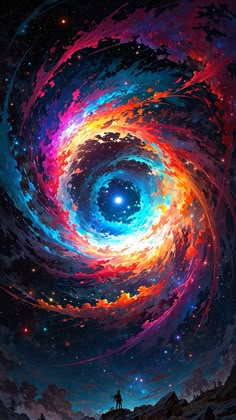 an image of a man standing in front of a colorful spiral shaped space filled with stars