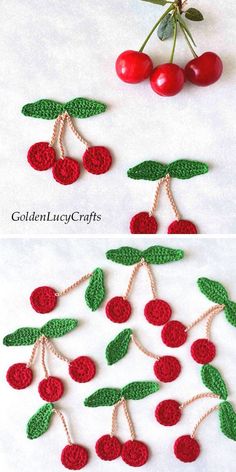 crocheted cherries with green leaves and red berries