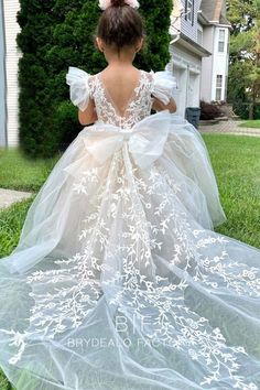 Long Train Ball Gown Elegant Lace Flower Girl Dress Kids Gowns, Ball Gown Elegant, Elegant Flower Girl Dress, Flower Girl Dresses Champagne, Gown Elegant, Puffy Dresses, Wedding Flower Girl Dresses, Kids Gown, Tulle Ball Gown