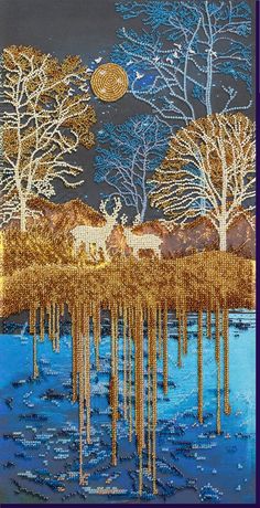 an image of a painting with trees and animals in the background, on a dark blue background