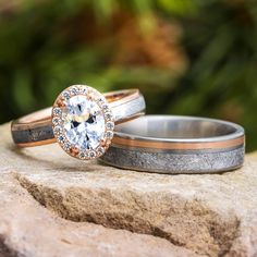 Rose Gold & Meteorite Wedding Ring Set With Oval Halo Engagement Ring - Jewelry by Johan Meteorite Wedding Ring, Rose Gold Wedding Ring Set, Rose Gold Wedding Ring Sets, Meteorite Wedding Rings, Nontraditional Engagement Rings, Gold Wedding Ring Set, Meteorite Wedding Band, His And Hers Rings, Pear Moissanite Engagement Ring