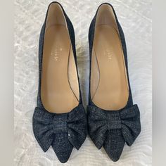 Rare Find! These Pretty Pumps In A Suede Denim Feature The Signature Kate Spade Bow Detail. 2.75” Block Heels Newnever Worn Elegant Denim Heels With Round Toe, Spring Formal Denim Heels, Chic Denim Heels For Formal Occasions, Formal Denim High Heel Shoes, Formal Denim High Heels, Chic Formal Denim Heels, Kate Spade Heels, Black Patent Pumps, Gladiator Heels