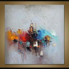 an abstract painting with many colors and shapes on the canvas, it appears to be very colorful