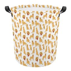 a yellow dog print laundry basket with black handles