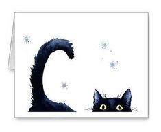 a black cat with yellow eyes is looking at the letter c on a white background