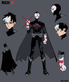 some character designs for the animated movie batman and catwoman, with red x on their chest