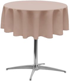 a round table with a metal base and a pink cover on it's top