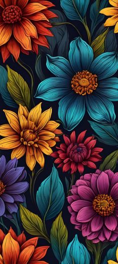 colorful flowers with green leaves on a black background