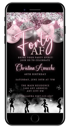 Mauve Pink Silver Neon | 40AF Birthday Evite featuring customizable black and white design with pink and white balloons, silhouettes of dancing figures, editable via Canva. Neon Balloons, Birthday Evite, Invite Ideas, 40th Birthday Invitations, Birthday Video, Birthday Flyer, Invite Template, 40th Birthday Parties, Birthday Gif