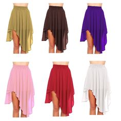 four different colored skirts are shown with one woman's bottom sliting and the other has