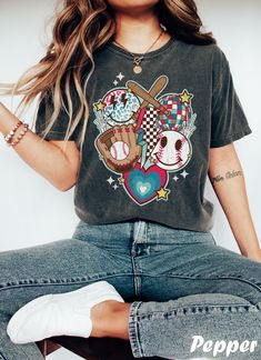 Get ready to rock that casual chic look with our Funny Baseball T-shirt For Moms ❤️ Get retro with this Baseball Tee! Featuring smiley faces and a nostalgic vibe, this design is perfect for all the cool game lovers out there. Show off your retro style and spread some positive vibes with this fun and funky t-shirt. ❤️ Size up, babe! Go 1-2 sizes bigger for that oversized stunner. Elevate your style, own the spotlight, and unleash your fashion power. It's time to rock the room with your effortless Teachers Halloween, Look Retro, Dance Mom, Color Images, Teacher Tees, Art Technology, Comfort Colors Tee, Retro Halloween, Teacher Tshirts