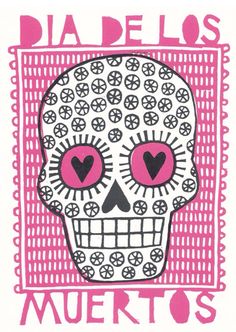 a pink and black sugar skull with hearts on it's forehead, in front of the words dia delos muertos