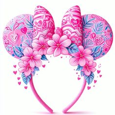 a pink minnie mouse ears with flowers and hearts