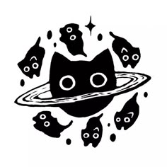 black and white drawing of an alien cat surrounded by fish in space with saturn behind it