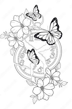 a clock with butterflies and flowers on the front, in black and white coloring pages