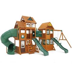 a wooden playset with a green slide and two brown houses on the top floor