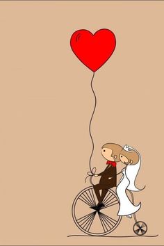 a bride and groom riding on a bicycle with a heart balloon attached to the back