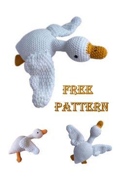 three crocheted ducks flying in the air with text overlay that says free pattern