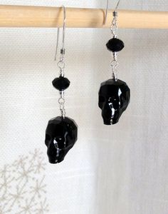 "Coolest Swarovski crystals EVER!!  Jet black faceted skulls accented with more Swarovski crystals, and sterling silver.  LOVE these earrings!  Skull beads measure 14x13x10mm.  Earrings measure aprx 2\" in length.  Custom requests are always welcome." Black Sterling Silver Skull Jewelry, Black Skull Sterling Silver Jewelry, Black Skull Earrings For Gift, Nickel Free Black Skull Earrings, Handmade Black Skull Earrings, Black Skull Earrings For Parties, Witch Dress, Beaded Skull, Funky Jewelry